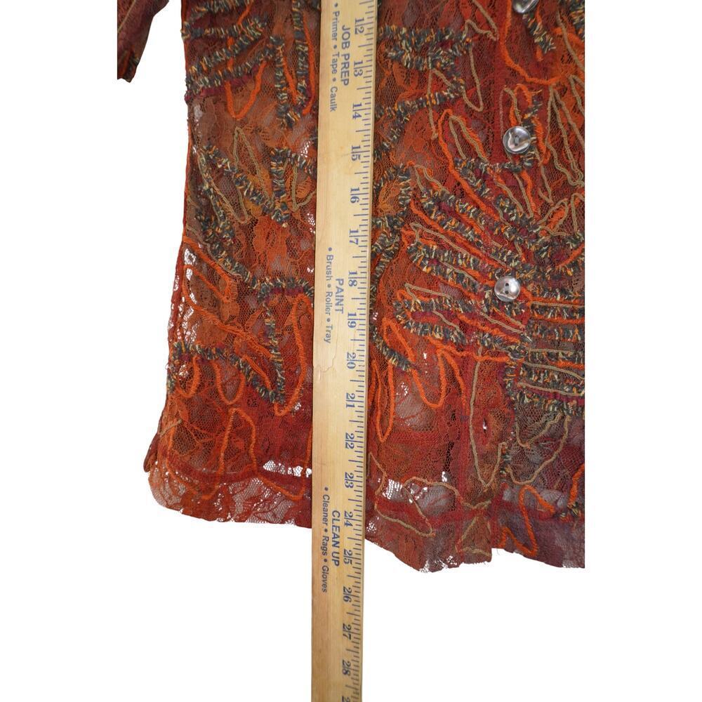 Vintage Sheer Burnt Orange Embroidered Lace Mesh Button-Up Top Boho Whimsy Goth - Picture 11 of 14